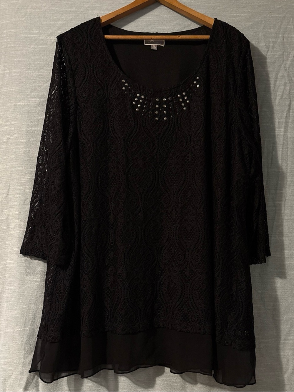 J M Collection Top Lace Overlay Pullover 3/4 Sleeve Black Women’s Sz XL
